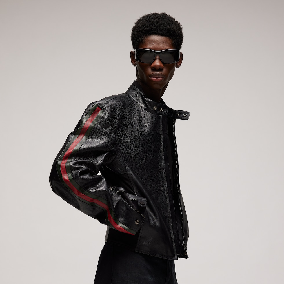 Leather biker jacket with Web detail in black | GUCCI® US Leather biker jacket with Web detail in black | GUCCI® US