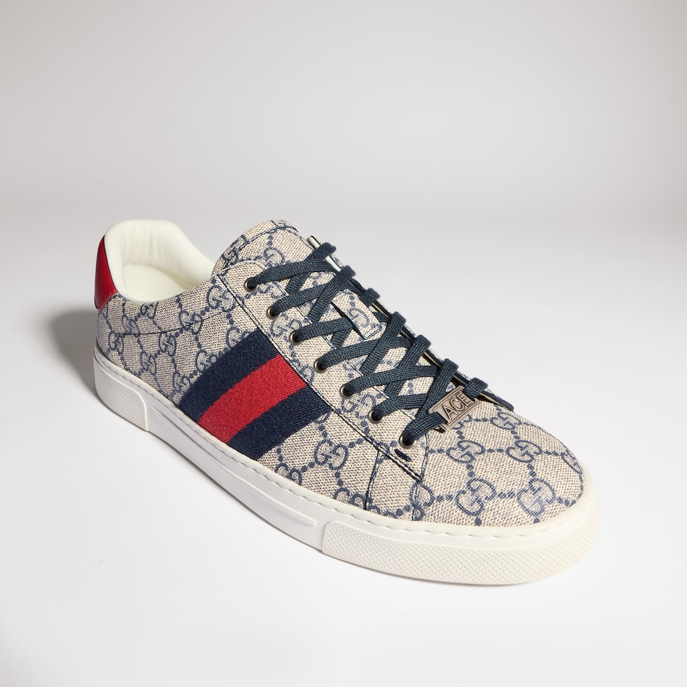 Men's Gucci Ace sneaker with Web in beige and blue GG Supreme