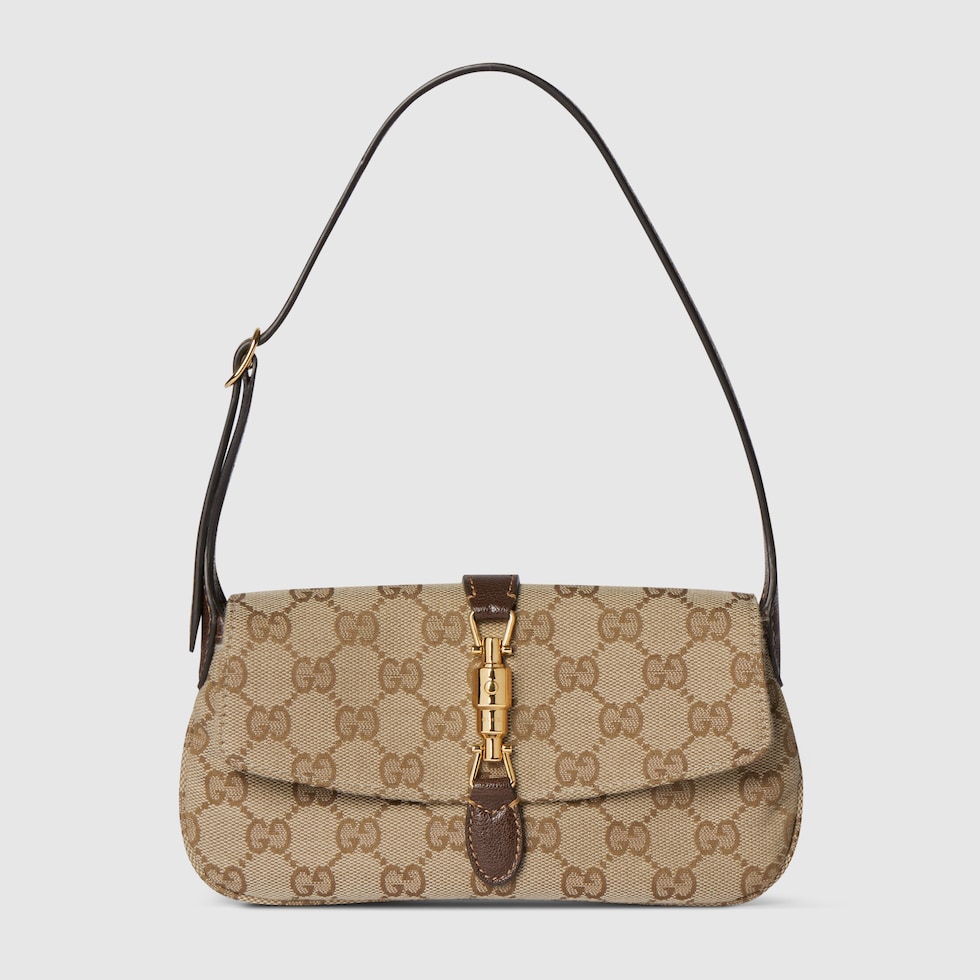 GUCCI (Jackie)GGキャンバス × レザー 肩掛け　ワンショルダー Gucci Jackie small shoulder bag in sand and brown GG canvas