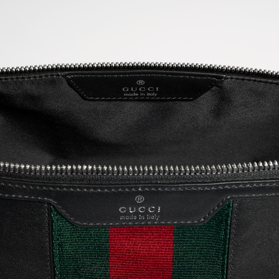 Mega Web Trademark small toiletry case in black leather | GUCCI® US