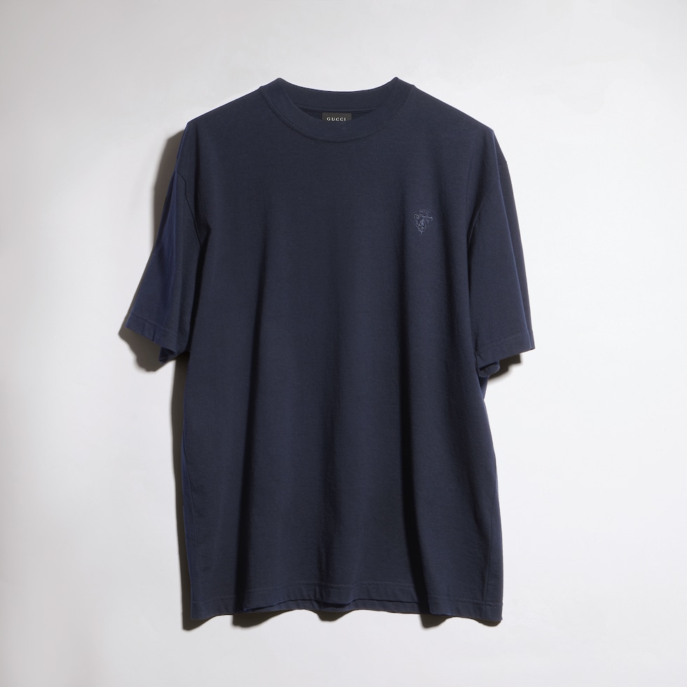 Cotton silk jersey T-shirt with embroidery in dark blue | GUCCI® US