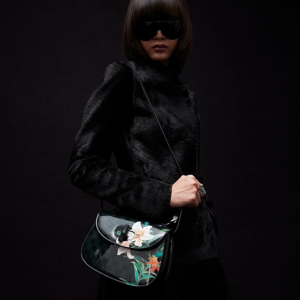 ❤️着物お出かけバンブーbag 気品溢れる大人Black 豪華刺繍上質リネン仕様 Gucci x 安藤七宝店〔グッチ バンブー 1947〕日本限定 スモールバッグ