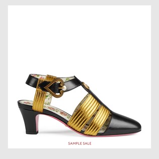 Leather mid-heel t-strap sandal