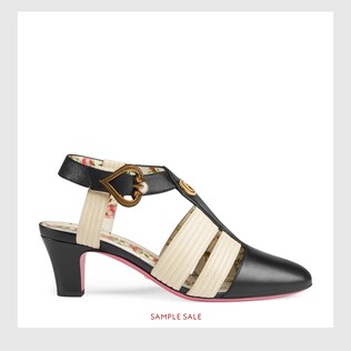 Leather mid-heel t-strap sandal