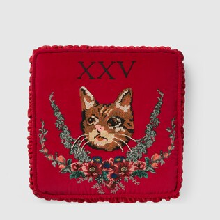 Velvet cushion with cat embroidery