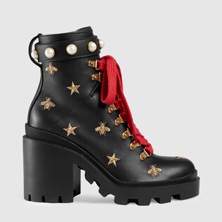 Leather embroidered ankle boot