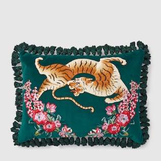 Velvet cushion with tiger embroidery