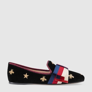 Embroidered velvet ballet flat with Sylvie bow