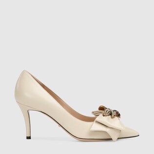 Shoes For Women Gucci Leather Mid Heel Pump With Bow