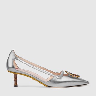 Metallic leather pump with crystal Double G