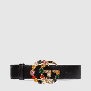 Leather belt with crystal Double G buckle