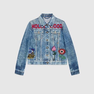 Embroidered stained denim jacket
