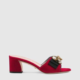 Velvet mid-heel slide with bee