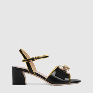 Leather mid-heel sandal with bee