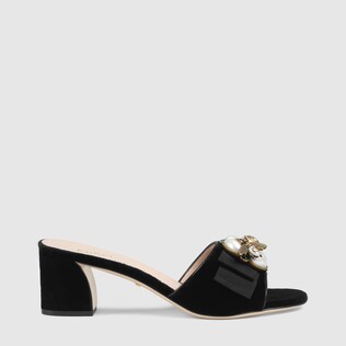 Velvet mid-heel slide with bee
