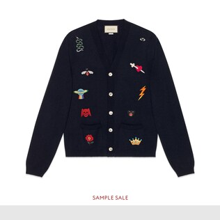 Embroidered wool knit cardigan