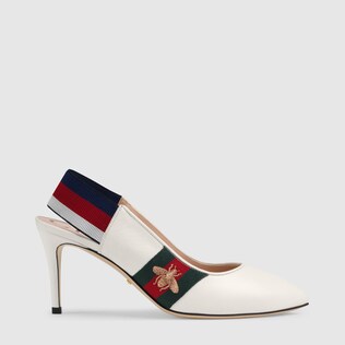 Leather Web mid-heel slingback pump 
