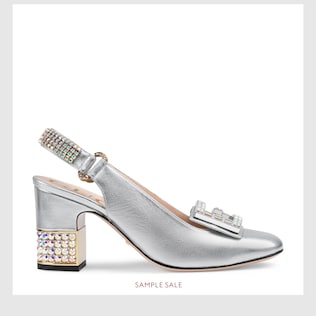 Leather mid-heel slingback pump with crystal G