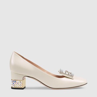 Leather mid-heel pump with crystal G
