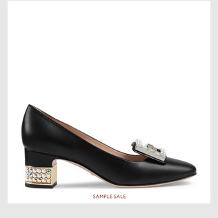 Leather mid-heel pump with crystal G