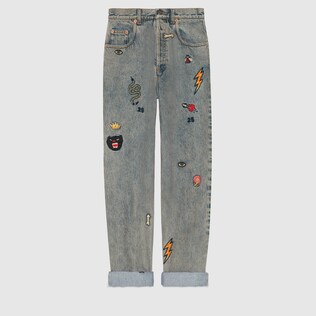 80s fit denim pant with symbols