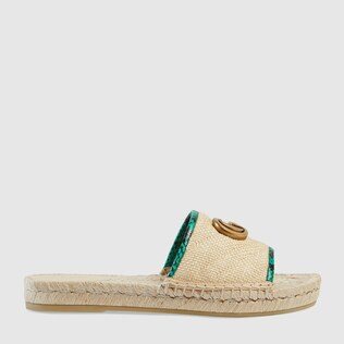 Online Exclusive chevron raffia espadrille slide with Double G