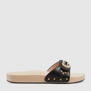 Leather slide sandal with Interlocking G
