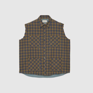 Check wool vest with label