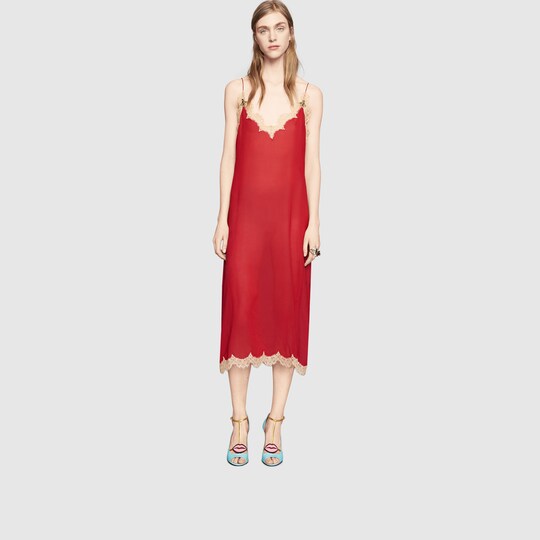Silk satin dress with lace - Gucci Women's Dresses 435424ZHK096383