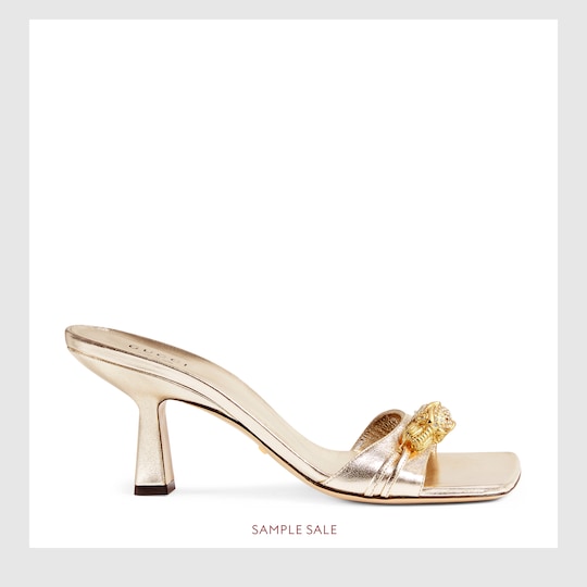 Mid-heel slide with tiger head — gold metallic leather — 588977B8B007100