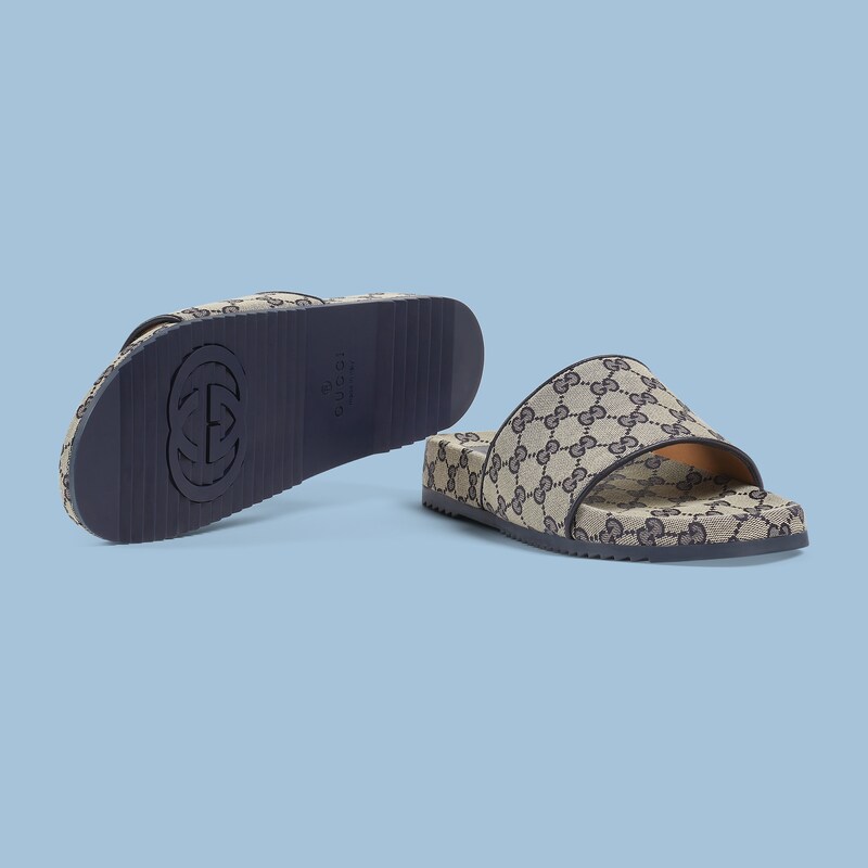 Men's GG slide sandal in beige and blue canvas | GUCCI® US