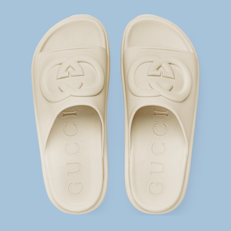 Women's slide sandal with Interlocking G in off-white rubber | GUCCI® US