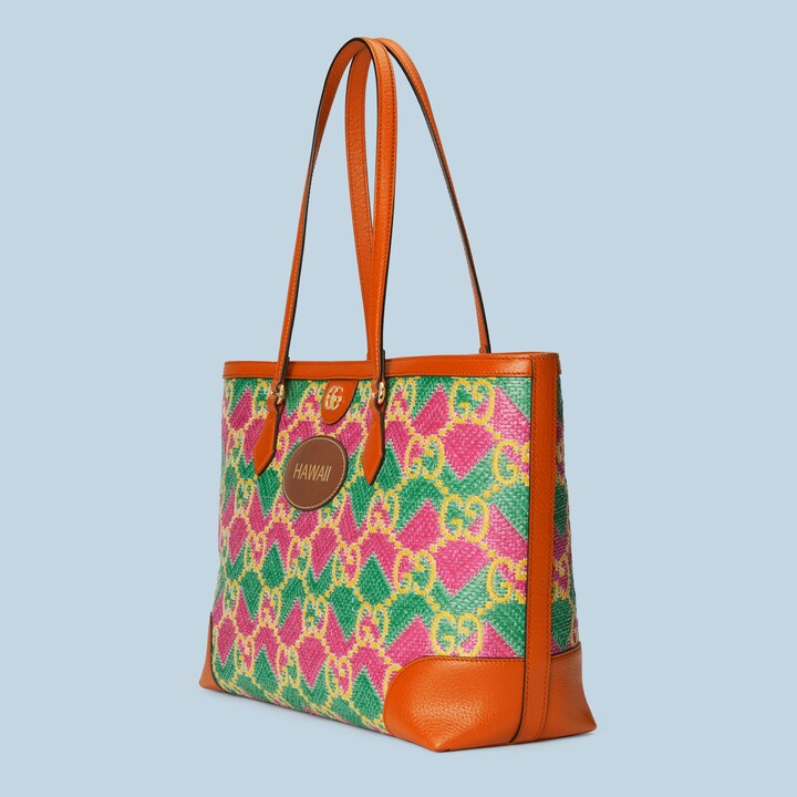 'Hawaii' straw effect tote bag in pink straw effect fabric GUCCI® US