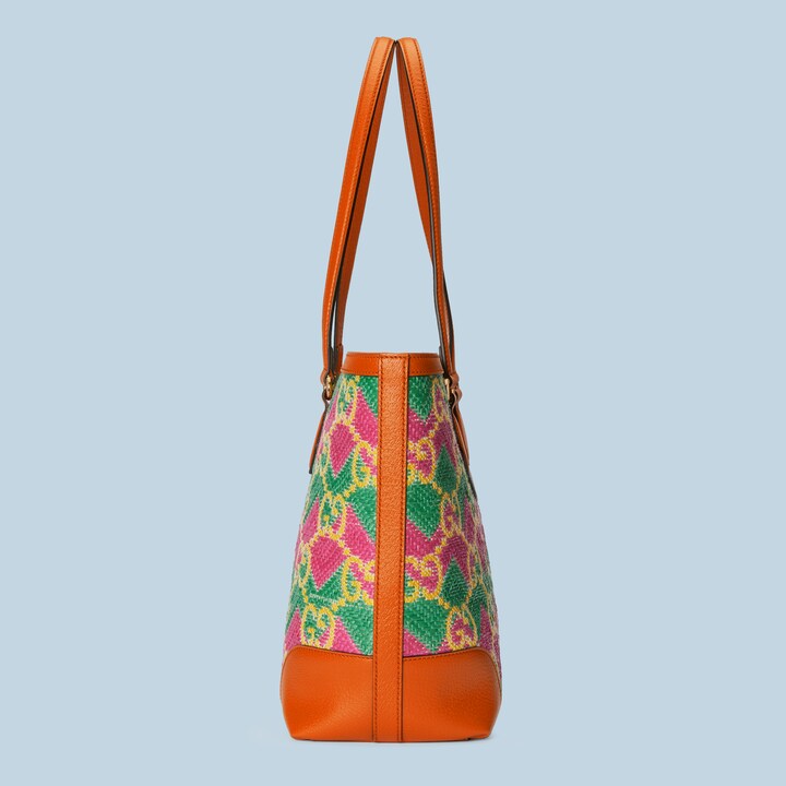 'Hawaii' straw effect tote bag in pink straw effect fabric GUCCI® US