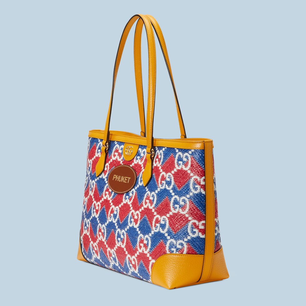 'Phuket' straw effect tote bag in blue straw effect fabric GUCCI® TH