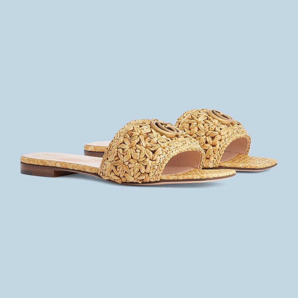 Women's Double G slide sandal in beige raffiaeffect fabric GUCCI® UK