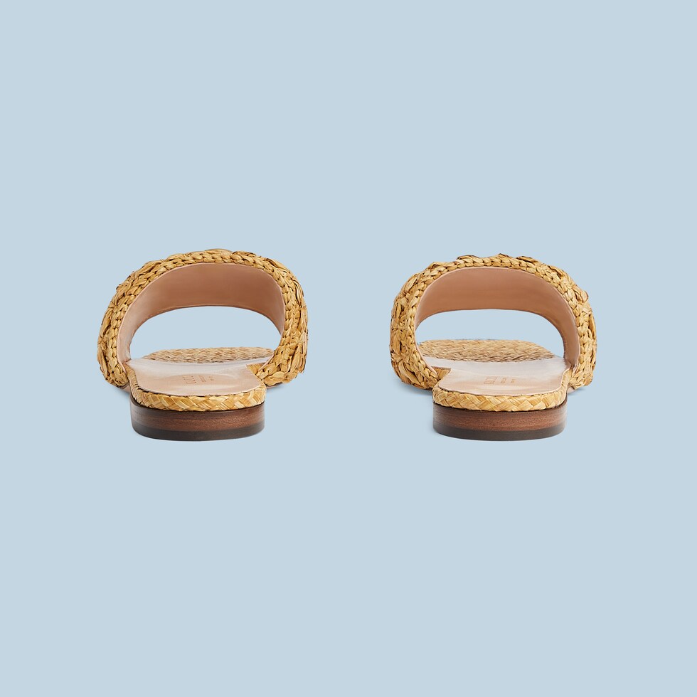 Women's Double G slide sandal in beige raffiaeffect fabric GUCCI® UK