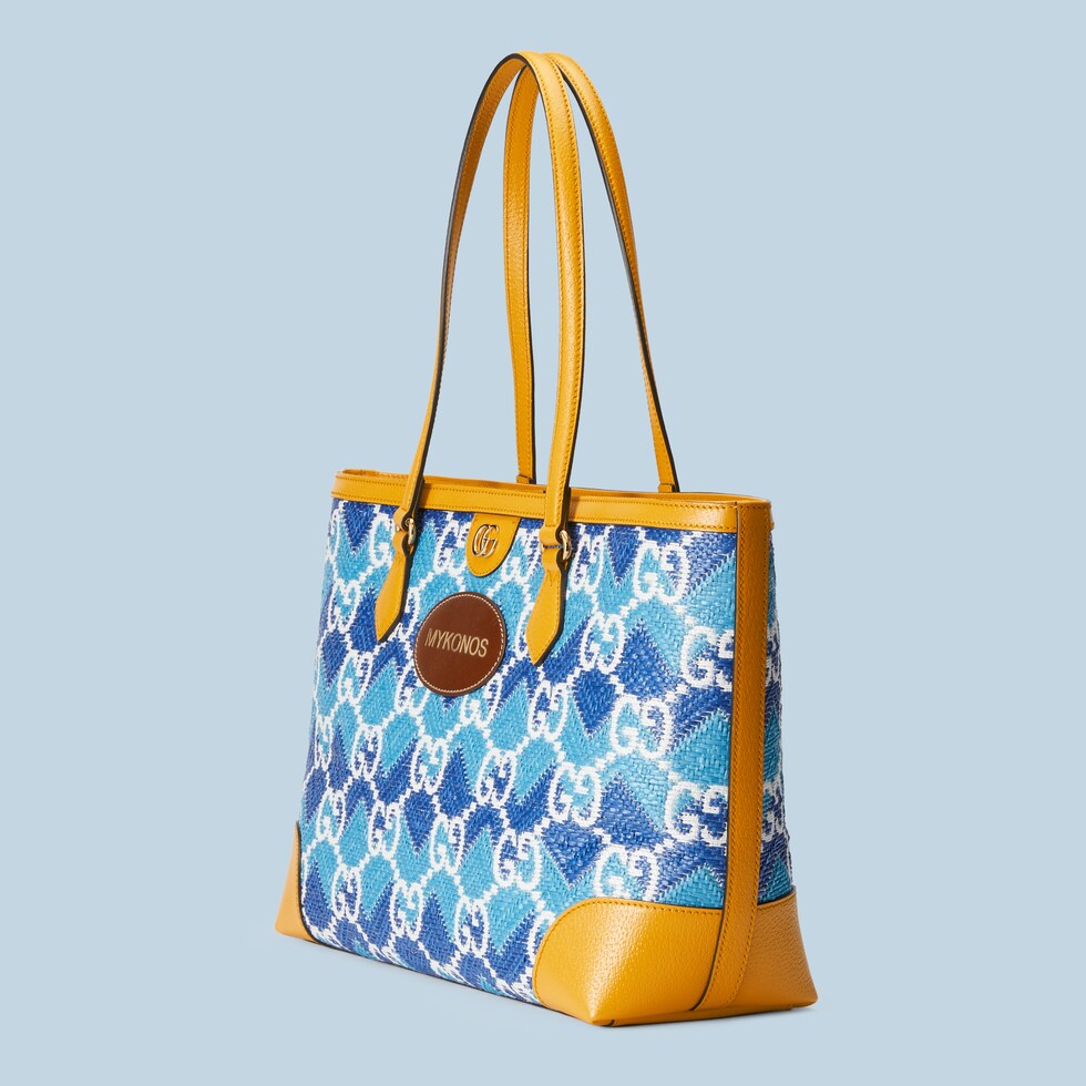 'Mykonos' straw effect tote bag in light blue straw effect fabric