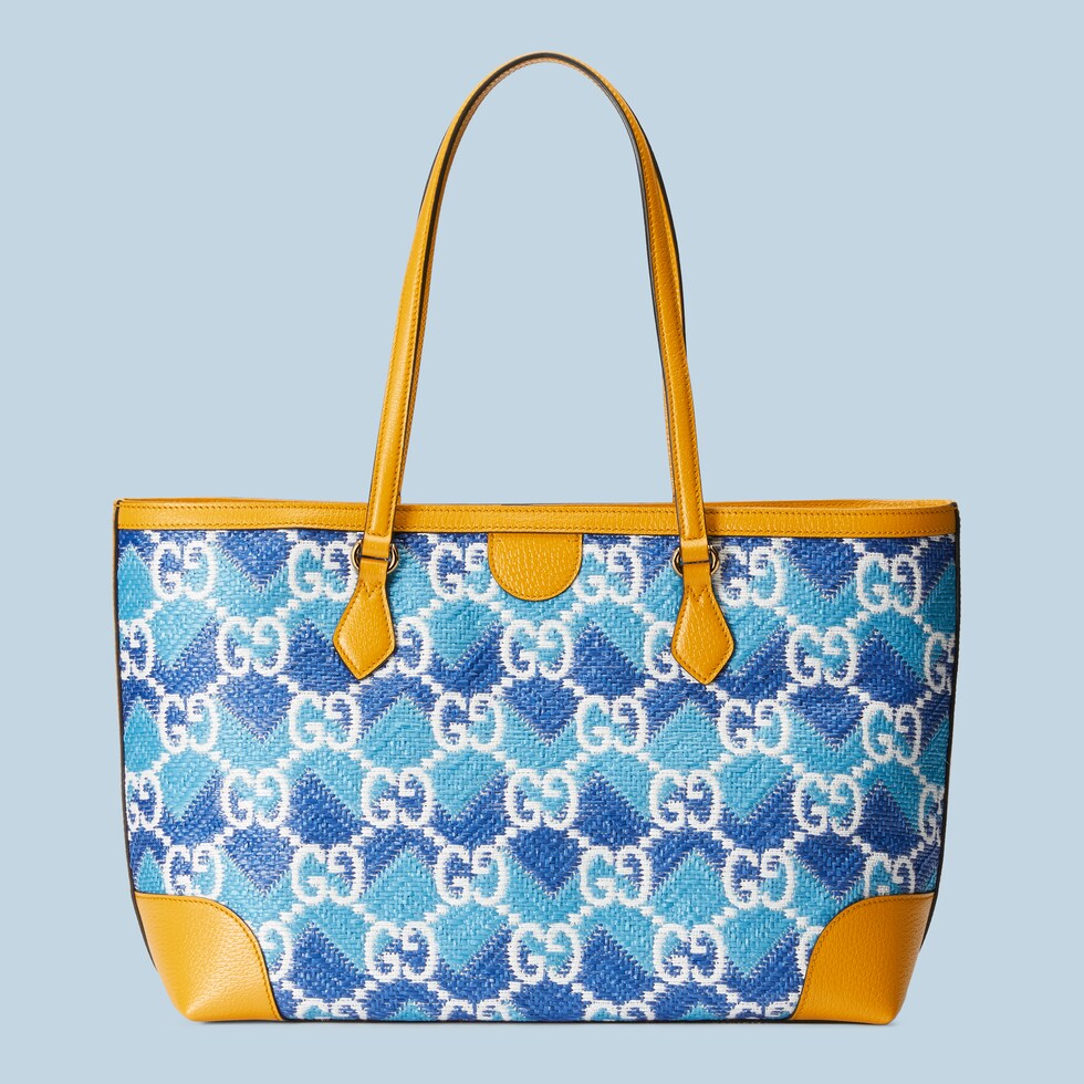 'Mykonos' straw effect tote bag in light blue straw effect fabric
