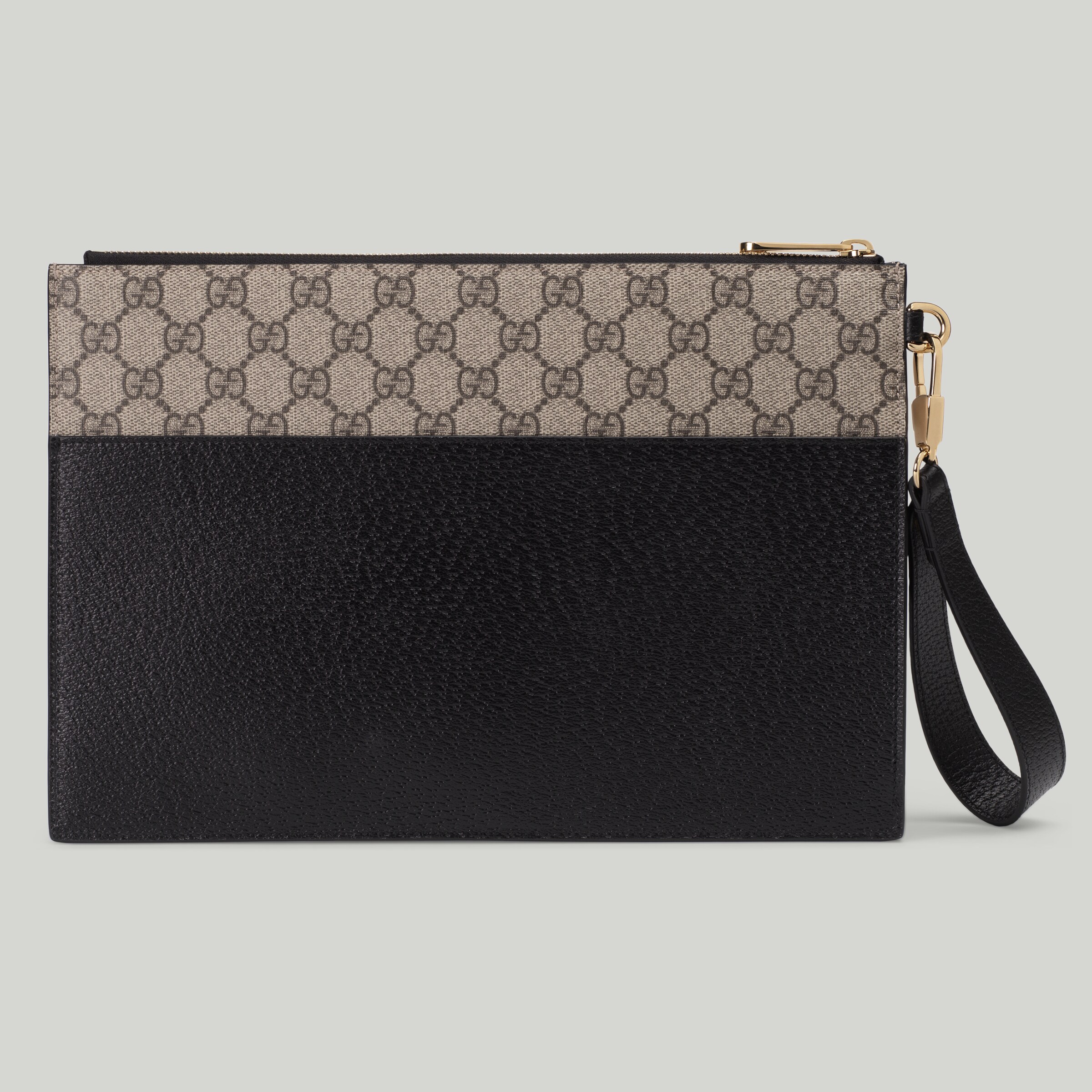 Pouch with cutout Interlocking G in black leather and Supreme GUCCI® US