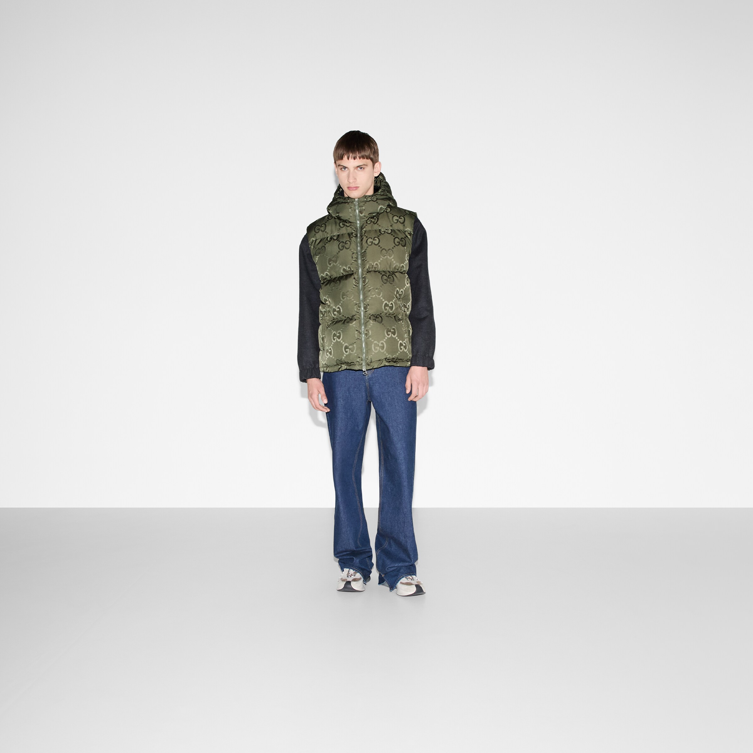 Jumbo GG canvas down vest in green GUCCI® US