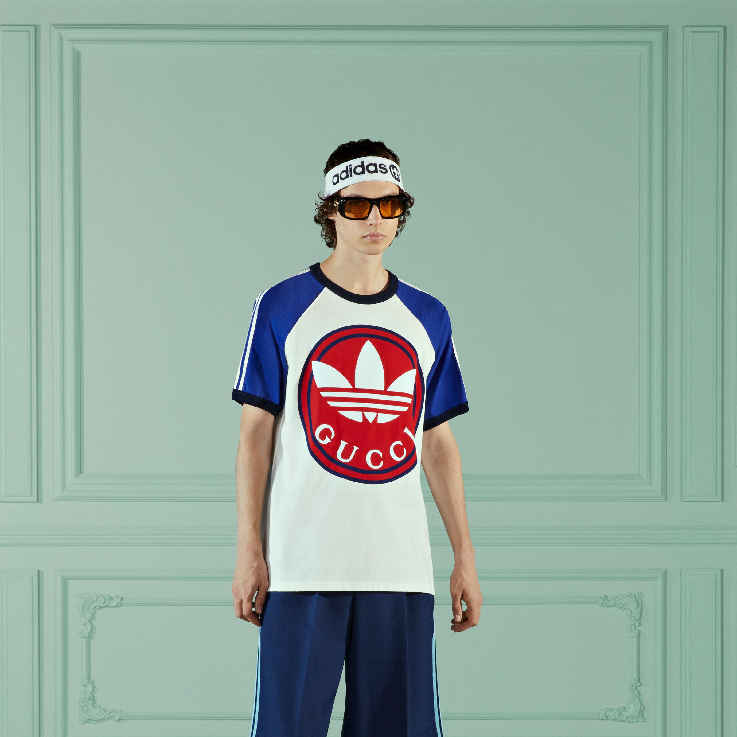 adidas x Gucci cotton jersey Tshirt in ivory and blue GUCCI® US