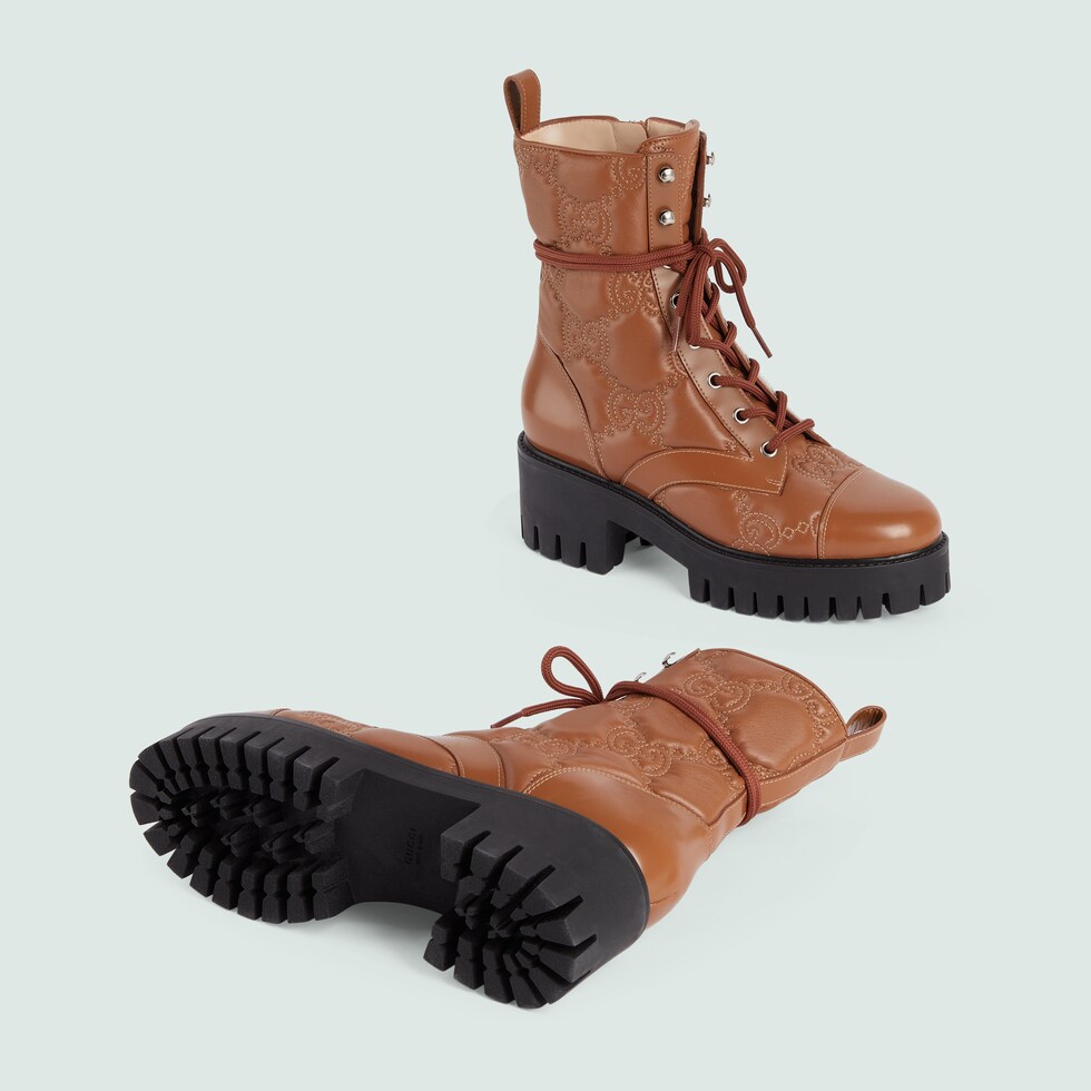 Women's GG Matelassé laceup boot in light brown leather GUCCI® US