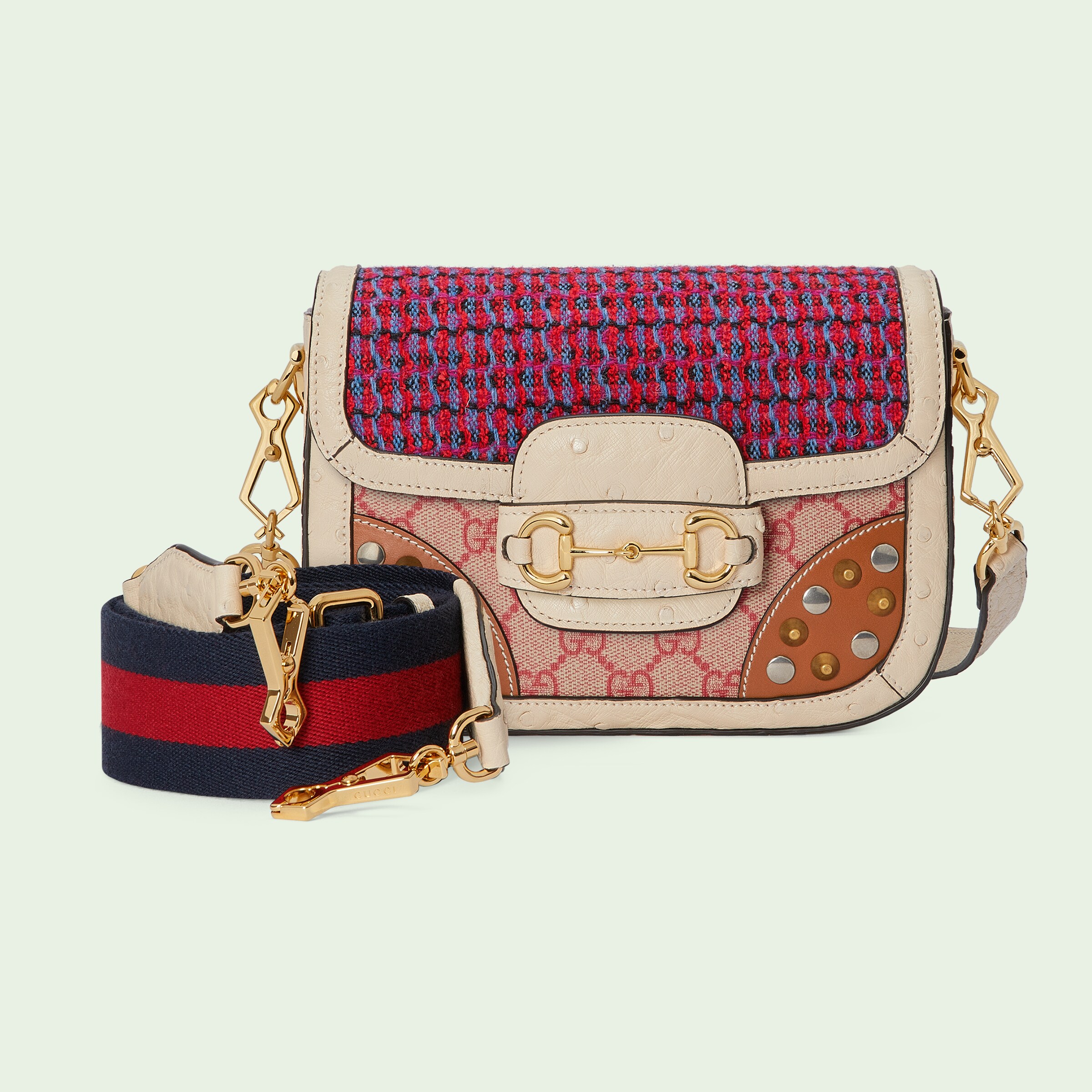 Gucci Horsebit 1955 ostrich mini bag in red and multicolour tweed