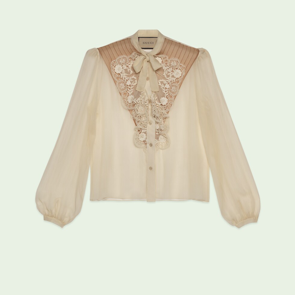 Lace Insert Crinkle Silk Chiffon Shirt