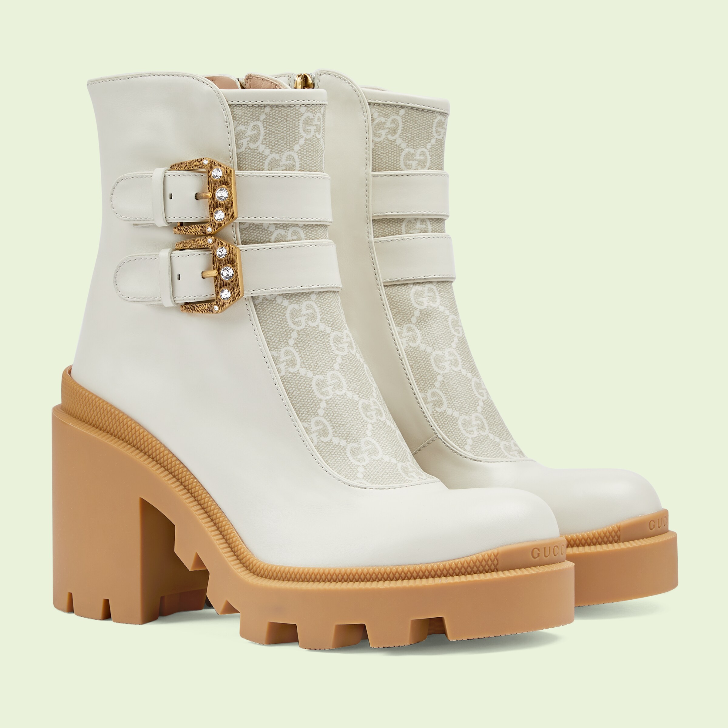 Women's GG ankle boot with buckles in white leather GUCCI® US