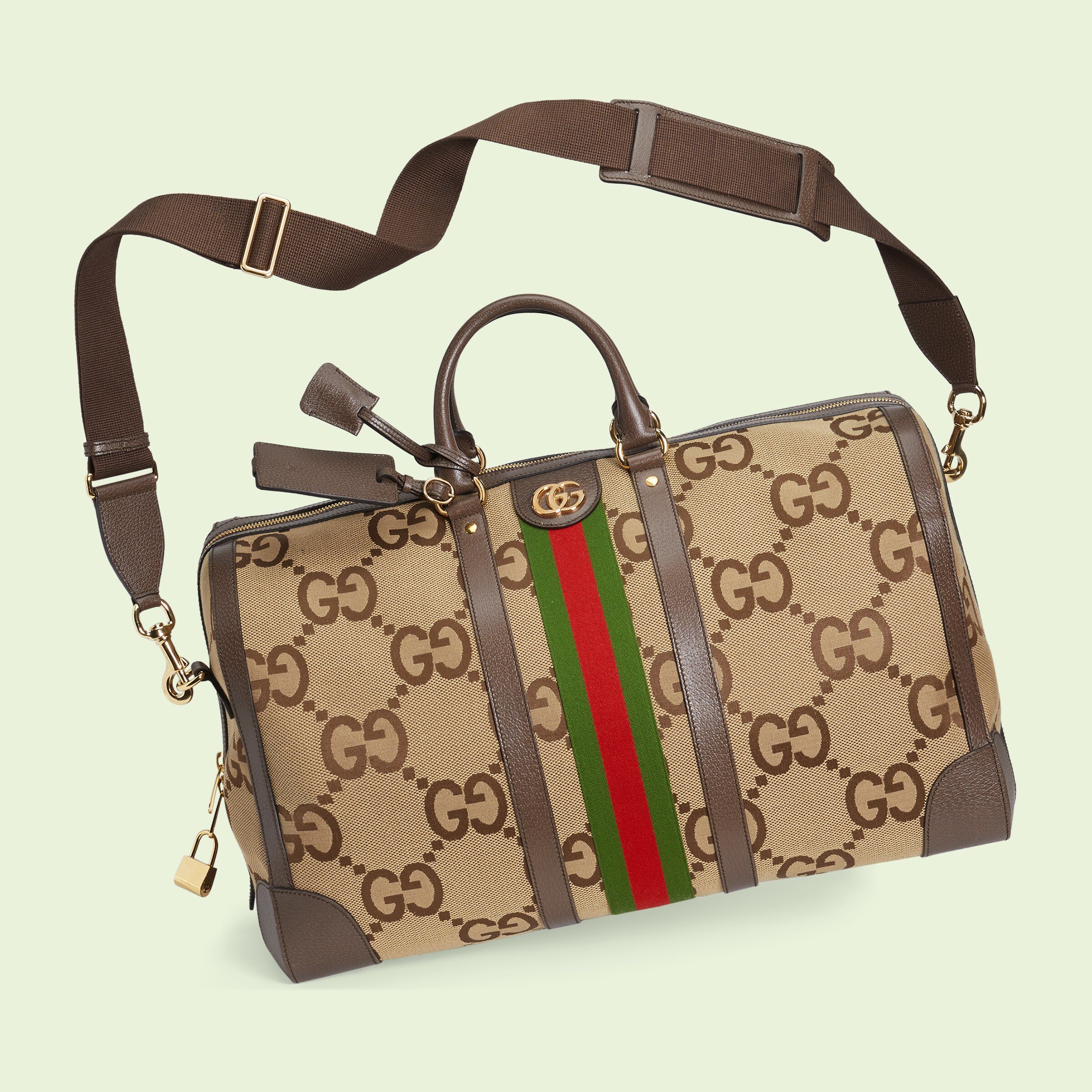 Jumbo GG large duffle bag in camel and ebony GG canvas GUCCI® US