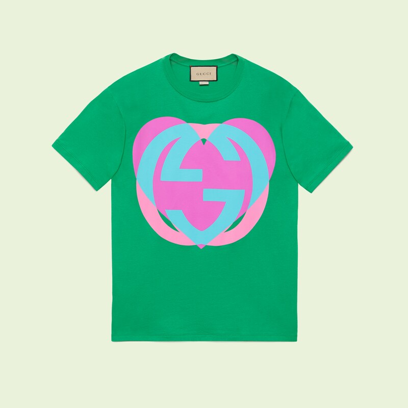 T-shirt con stampa cuore con logo GG in verde | GUCCI® Italia