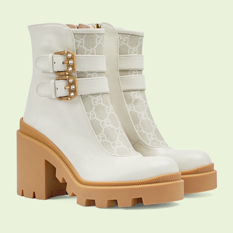 Women's GG ankle boot with buckles in white leather GUCCI® US