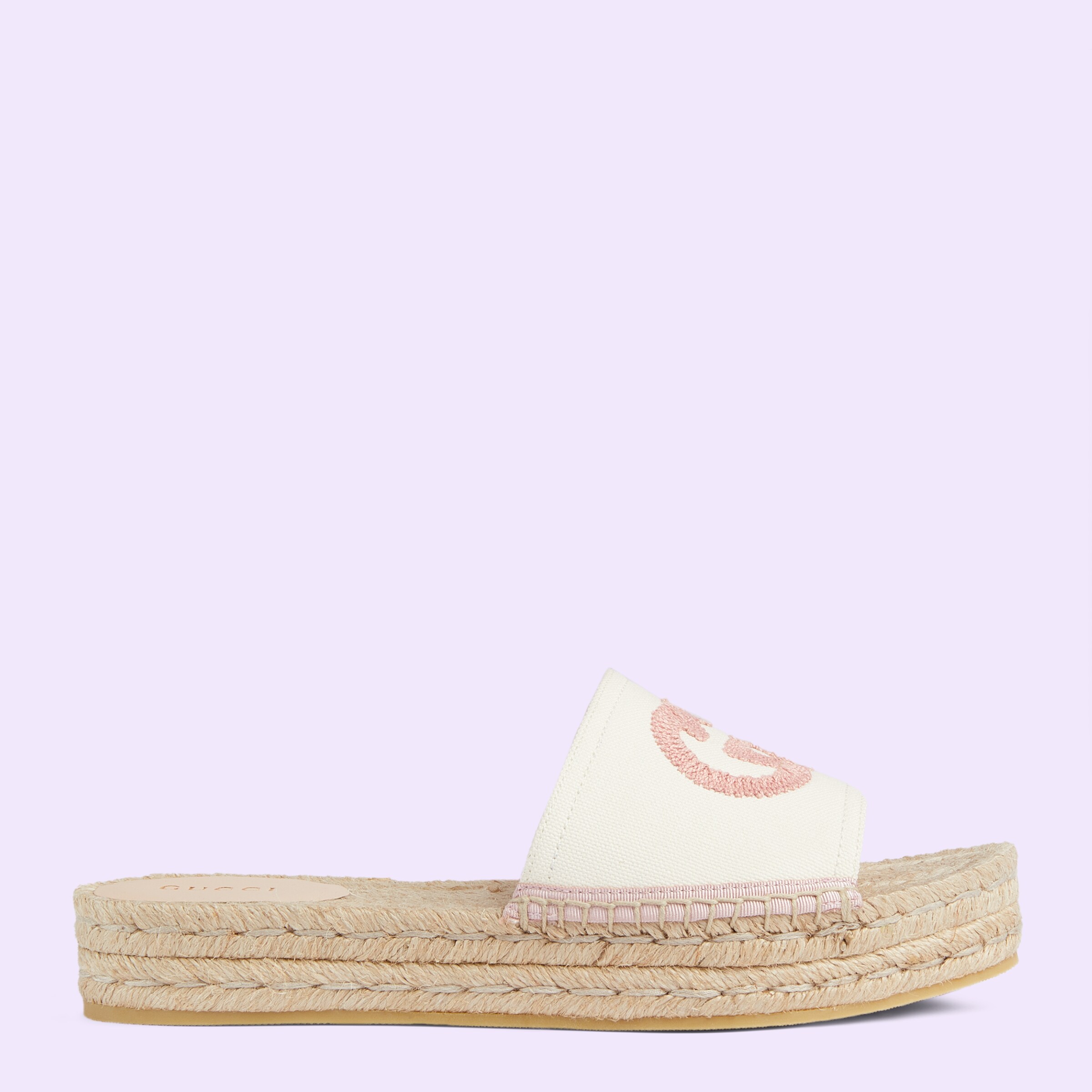 Women's espadrille slide with Interlocking G in white and pink canvas